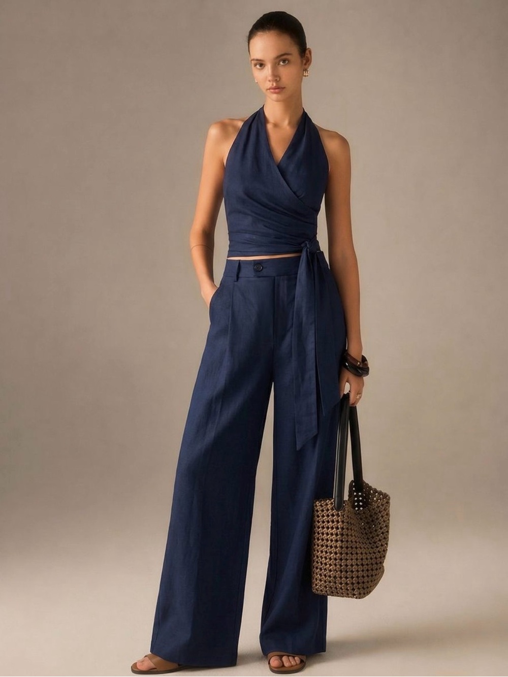 Commense Cotton Linen Halter Wrap Top & Pant Set